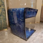 Sculptural C-Shaped Sofa Side Table with Blue Natural Wood Veneer, Integrated Drawer and Cantilever Base
